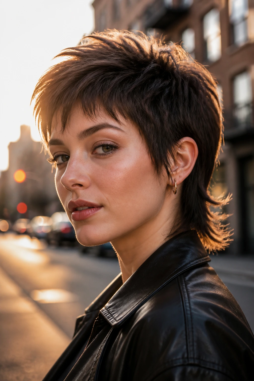 Three-quarter portrait of a real woman with a Mullet-Inspired Long Pixie