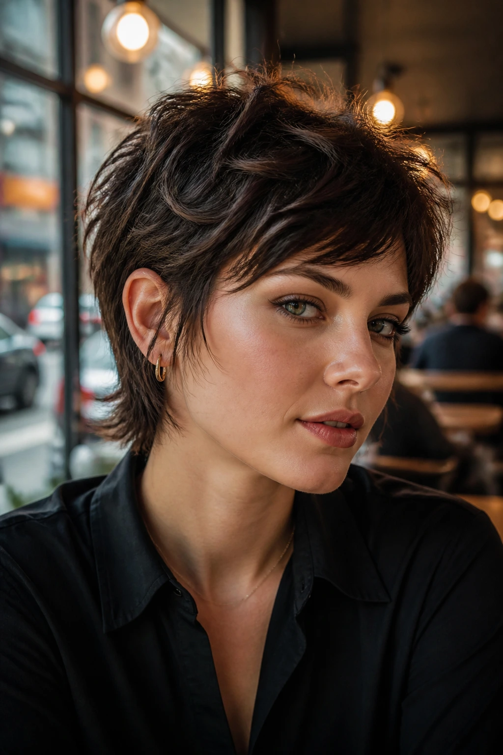 Close-up tousled mullet-inspired pixie on a real person