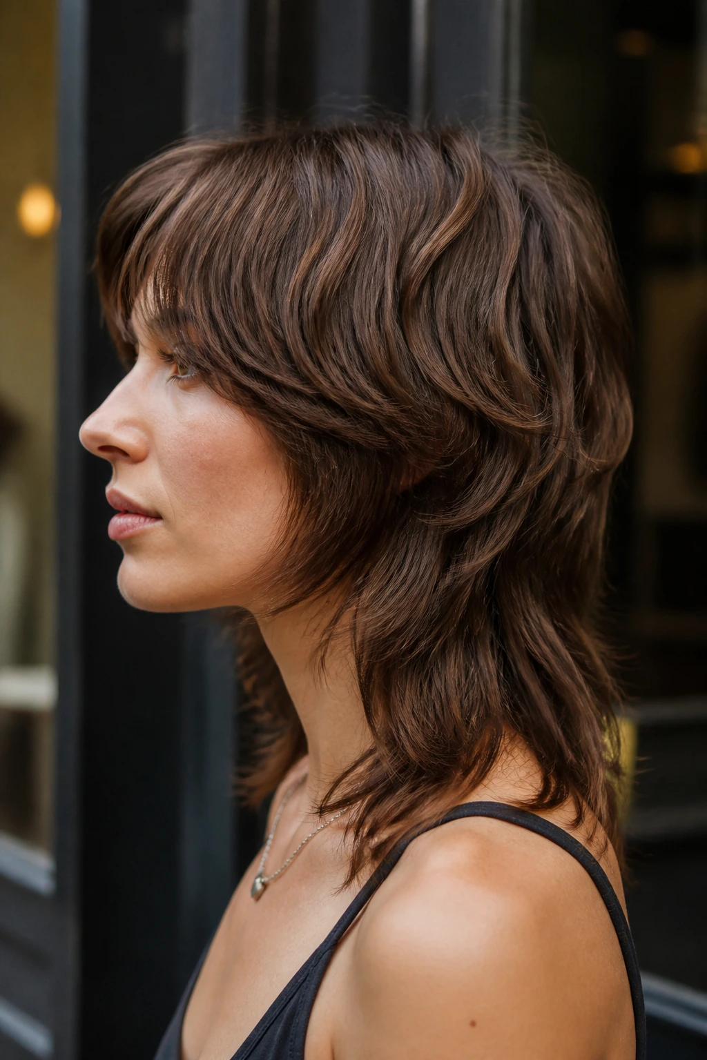 Real person with soft mullet-inspired shag showing crown and longer back