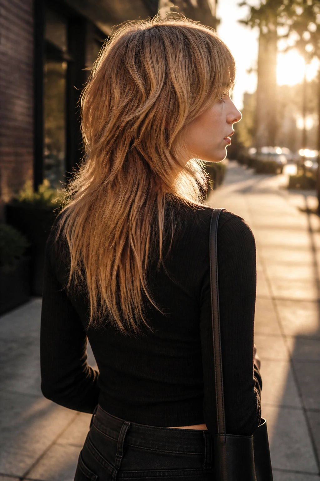 Rear three-quarter view of a real person showing back-length mullet-inspired shag