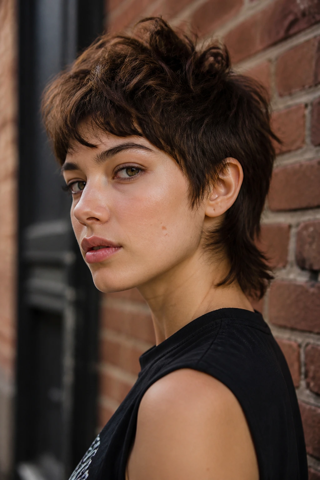 Close-up portrait of a real person with a short mullet-inspired shag in urban daylight