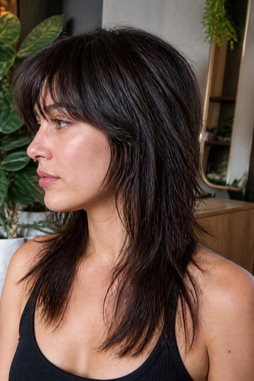 Portrait of a real person with internal texture mullet showing a clean exterior and lighter interior weight.