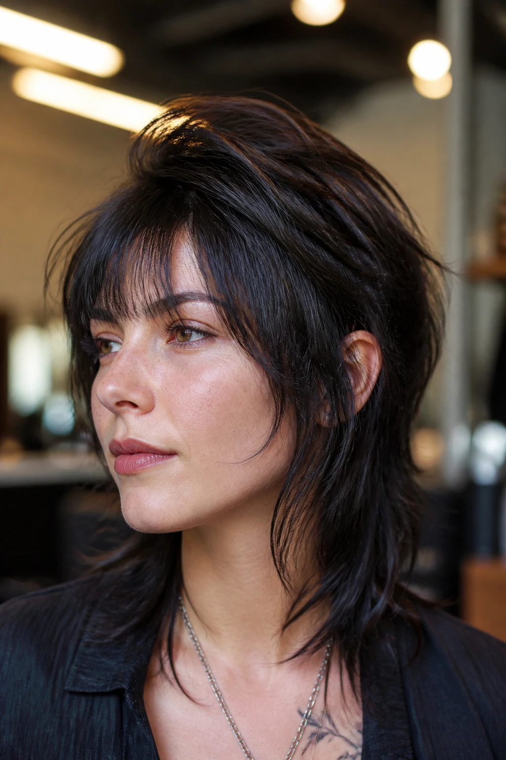 Portrait of a real woman with mullet showing lifted crown and face-framing layers
