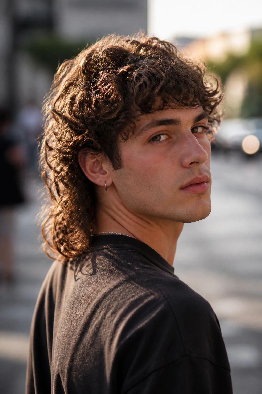 Close-up portrait of a man with a mullet-leaning curly shag haircut.