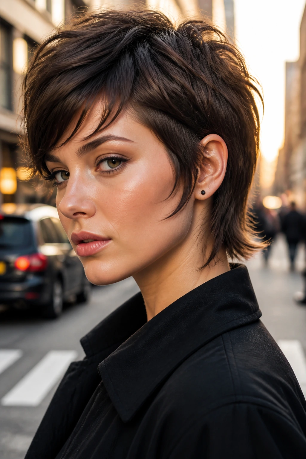 Portrait of a real woman with mullet-leaning pixie bob on an urban street