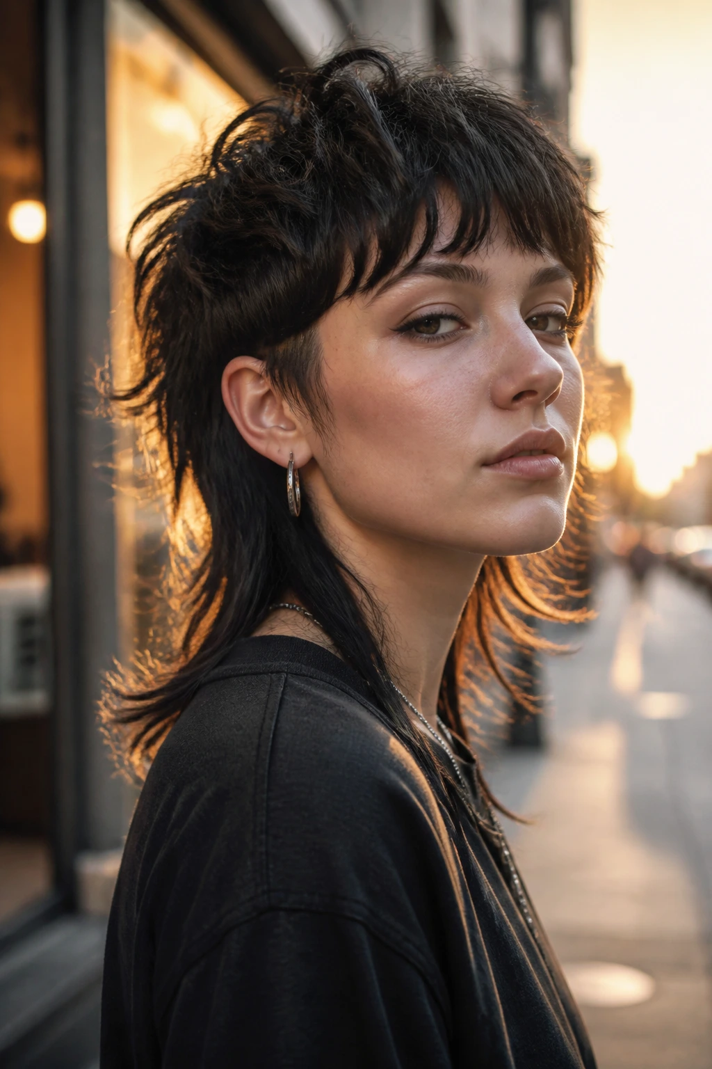 Close-up of a real person with mullet-leaning wolf cut on a city street at golden hour
