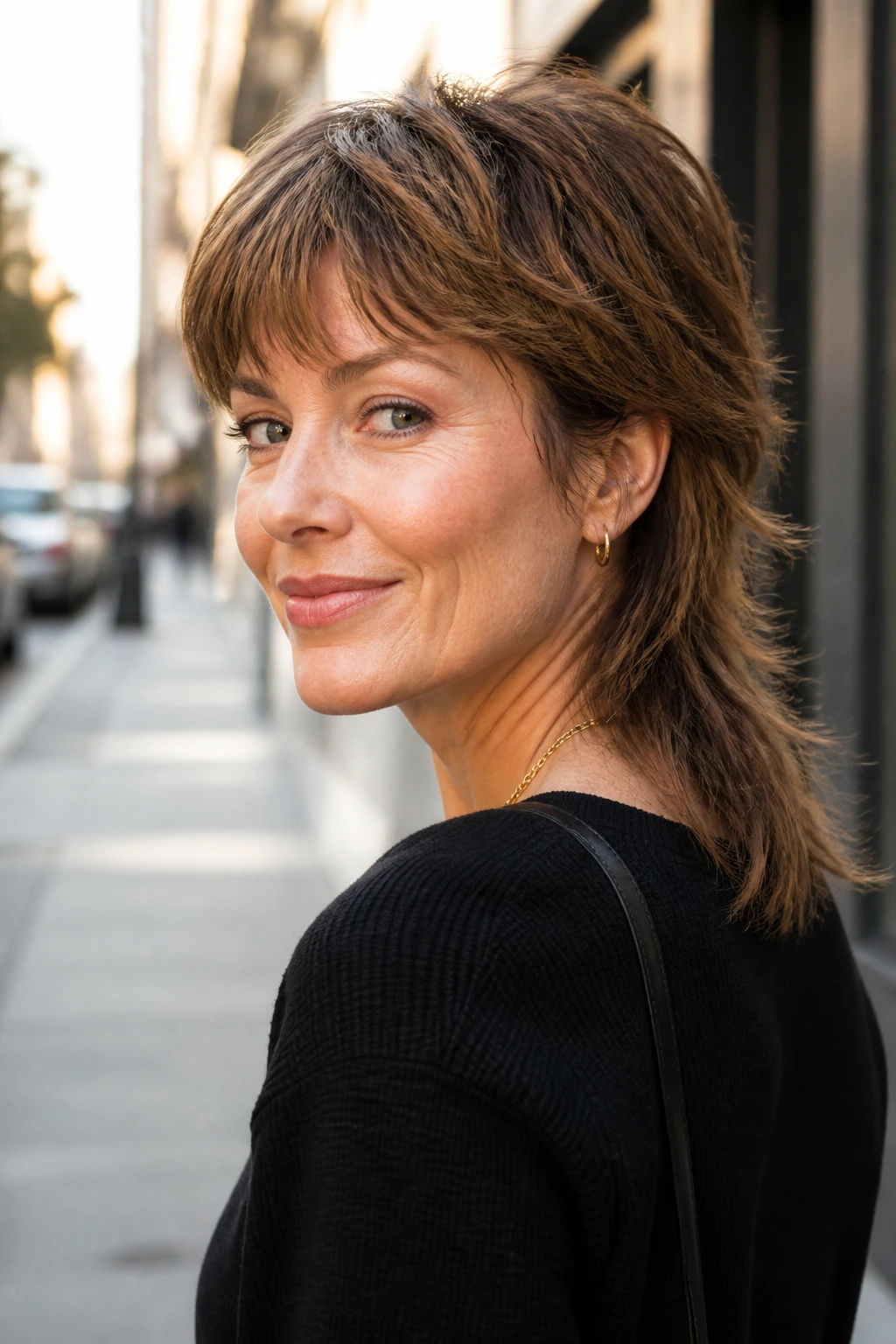 Portrait of a real woman with a soft mullet-lite on urban street.
