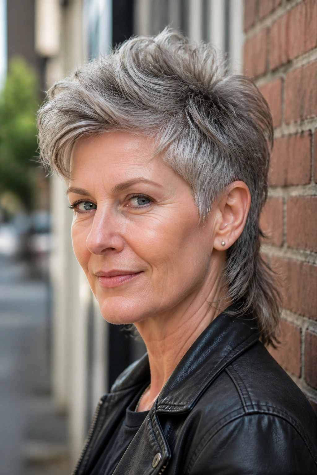 Close-up portrait of a real woman with a long-top short-back mullet against an urban brick wall