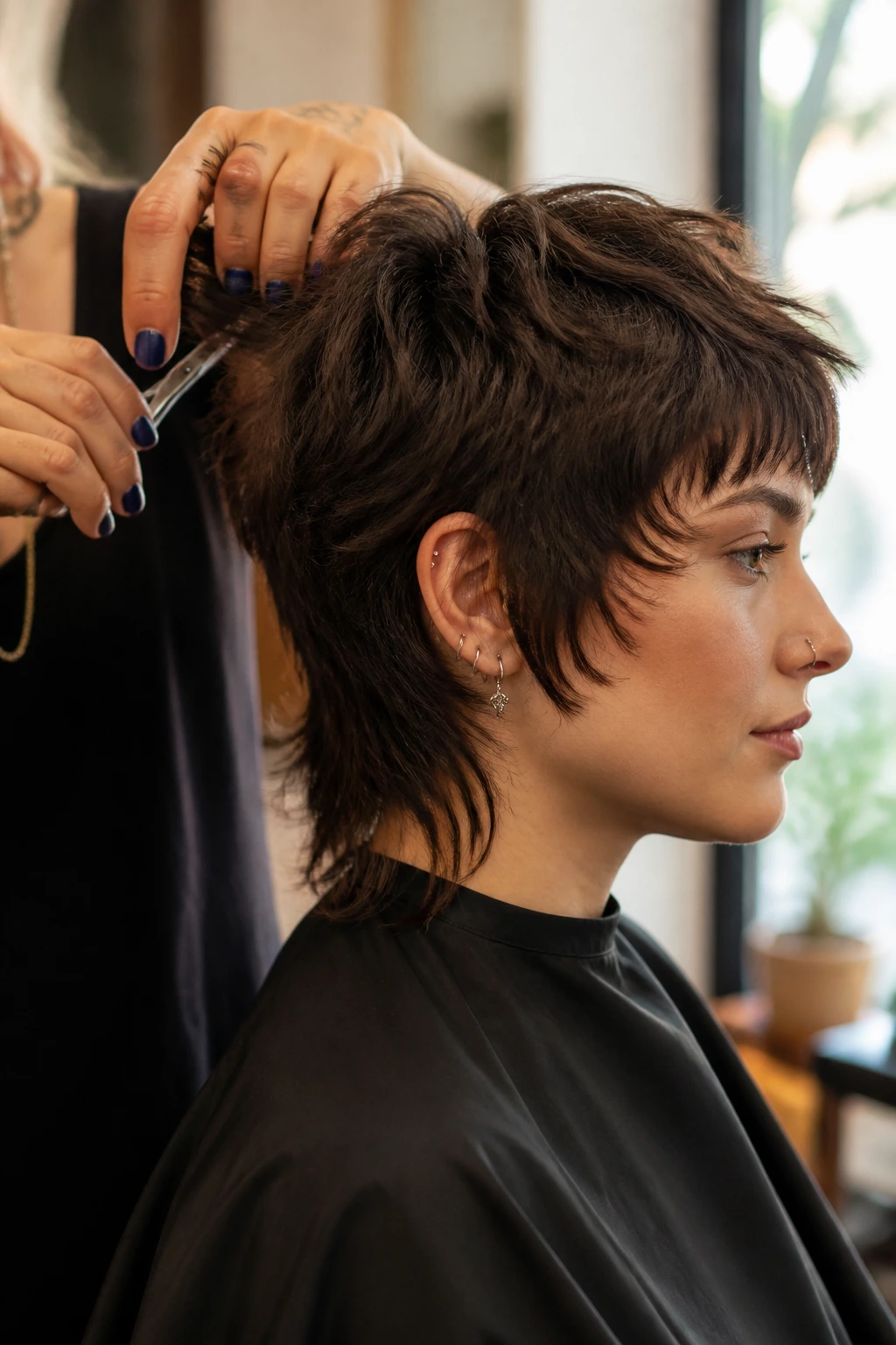 Real person getting pixie shag mullet trim in salon