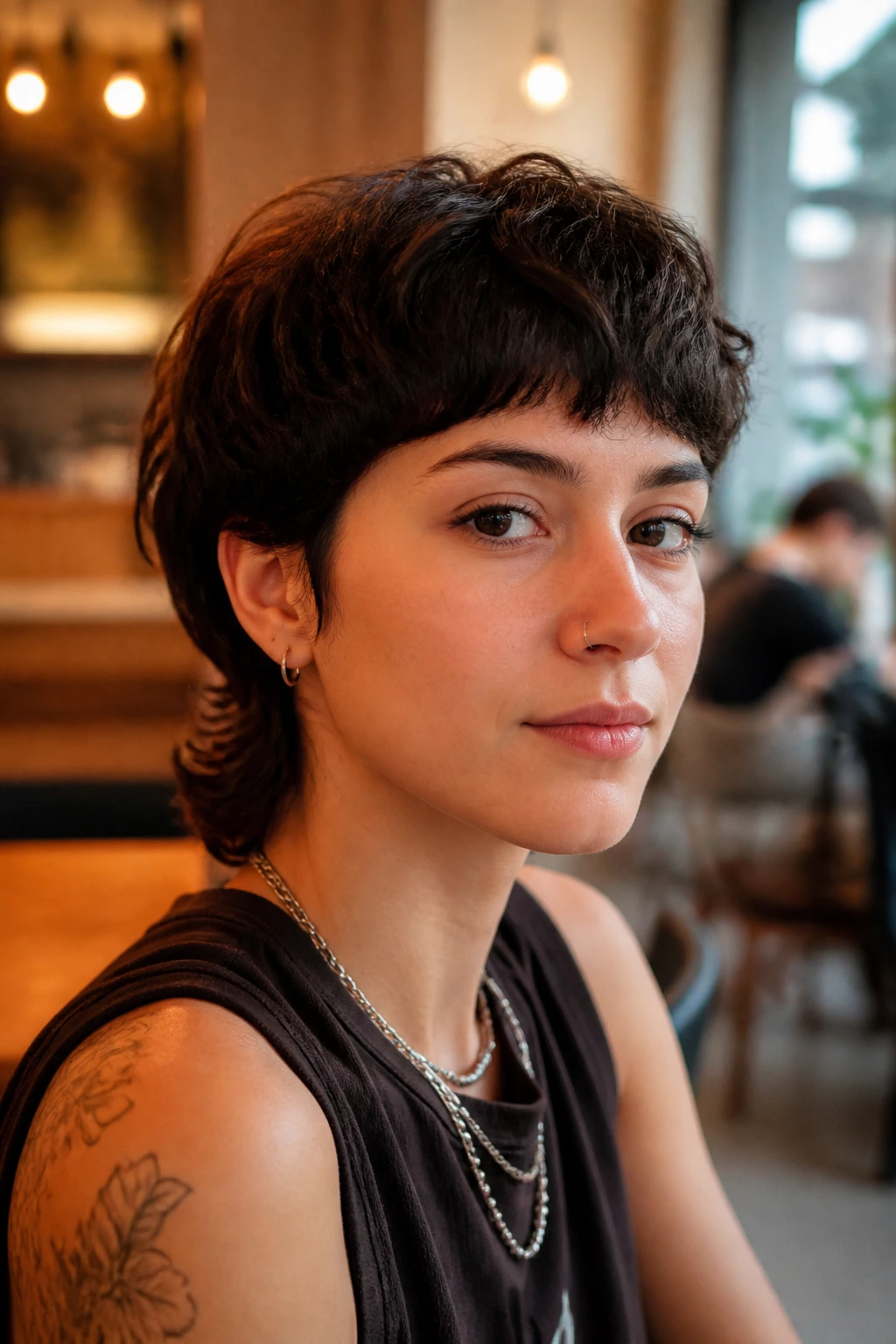 Close-up portrait of real person with mini mushroom mullet in cozy cafe