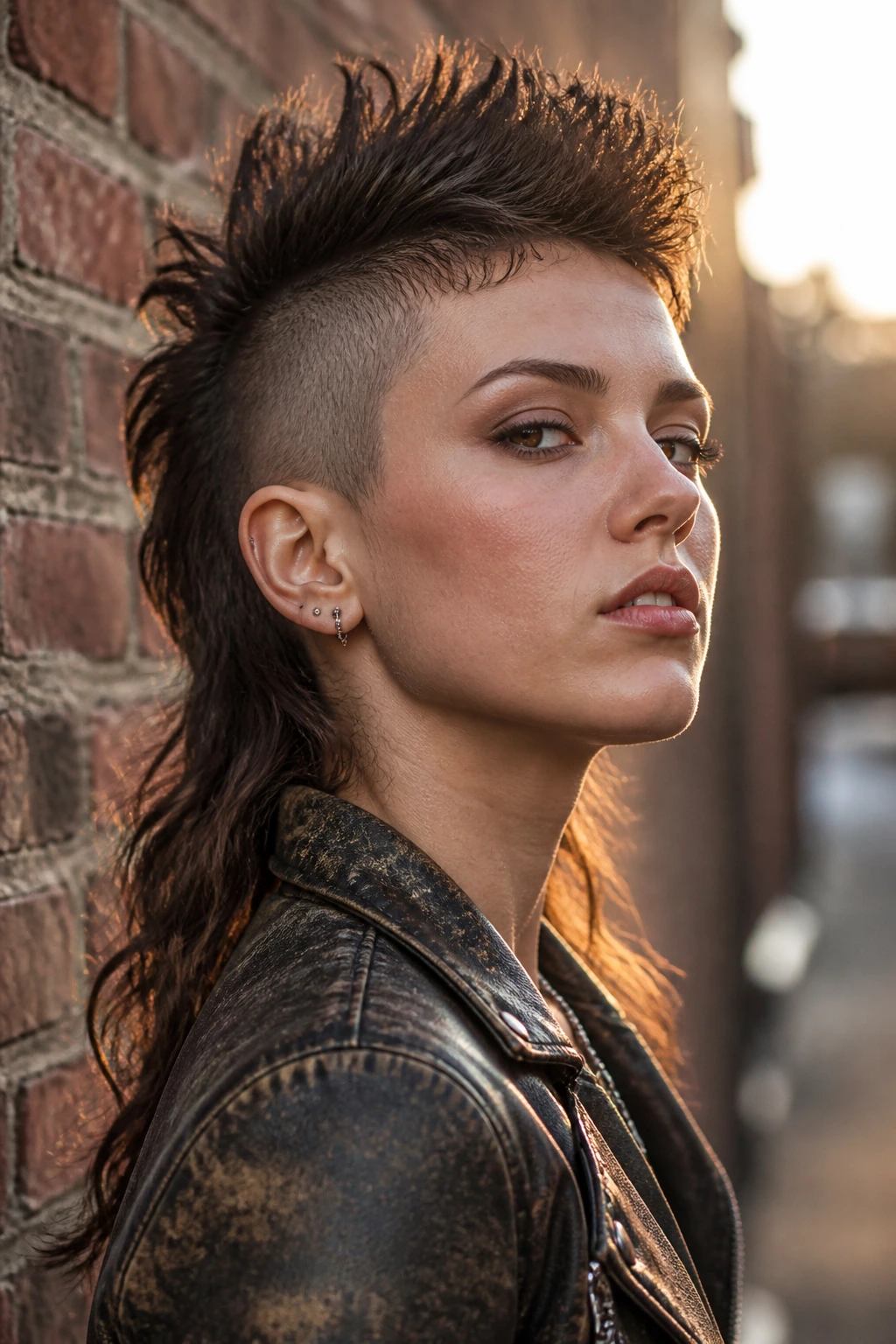 Portrait of a person with a mullet-mohawk hybrid hairstyle featuring a short sides and longer back