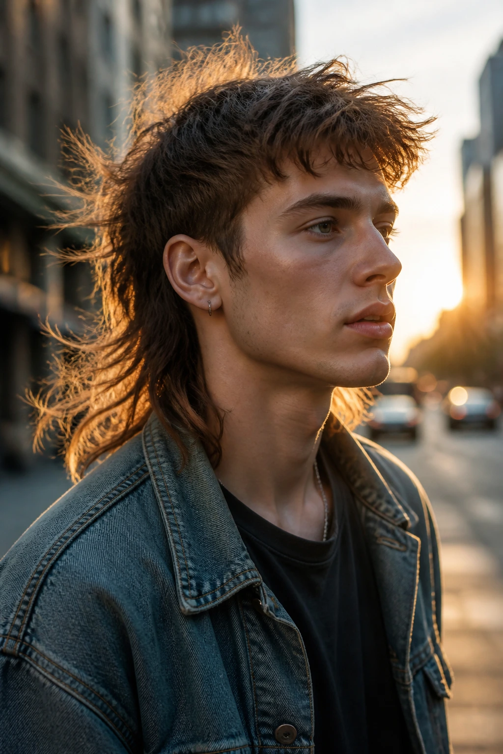 Wind-swept mullet on a real person walking on a city street during golden hour
