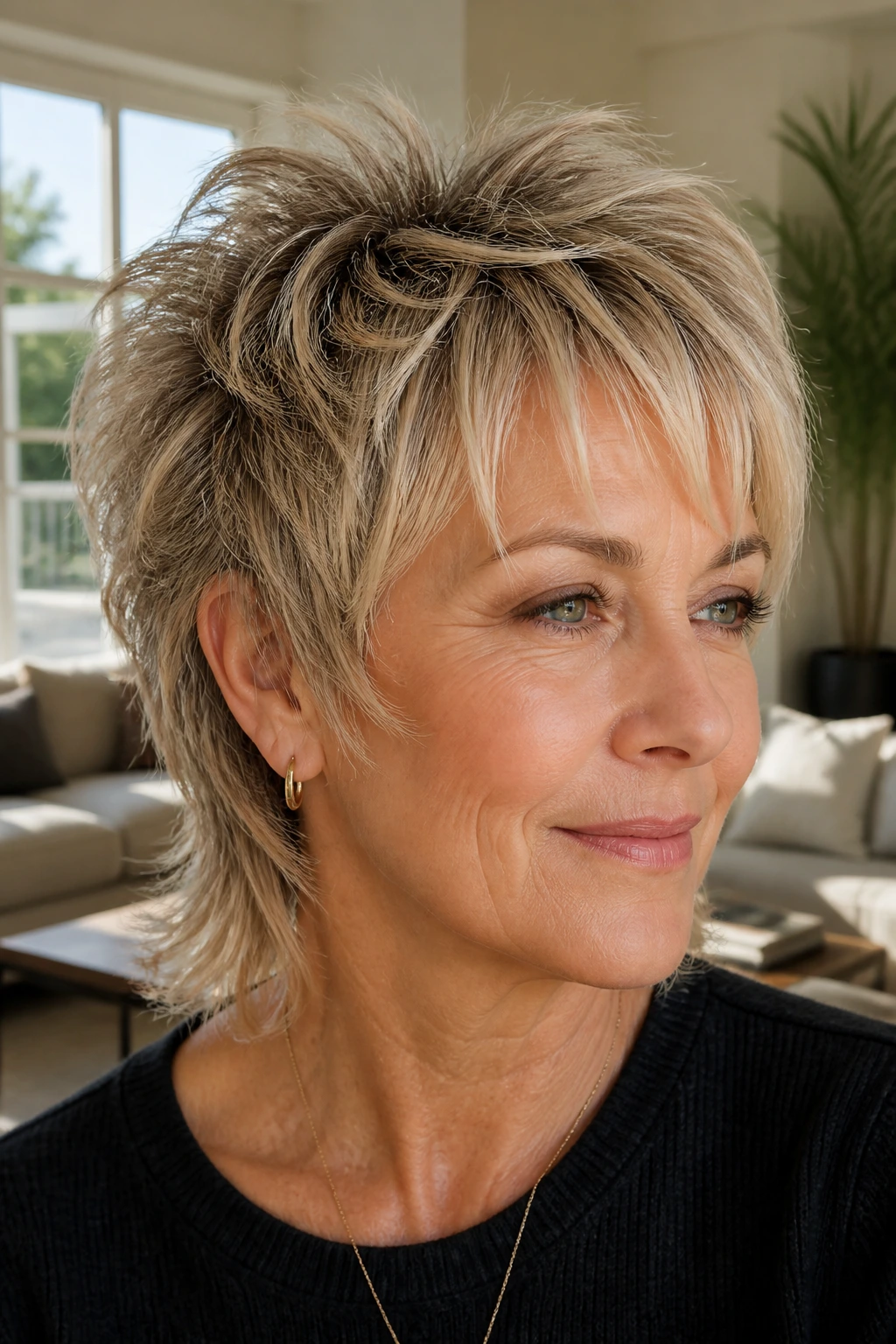 Close-up portrait of a real woman with a piecey volume mullet under bright natural light