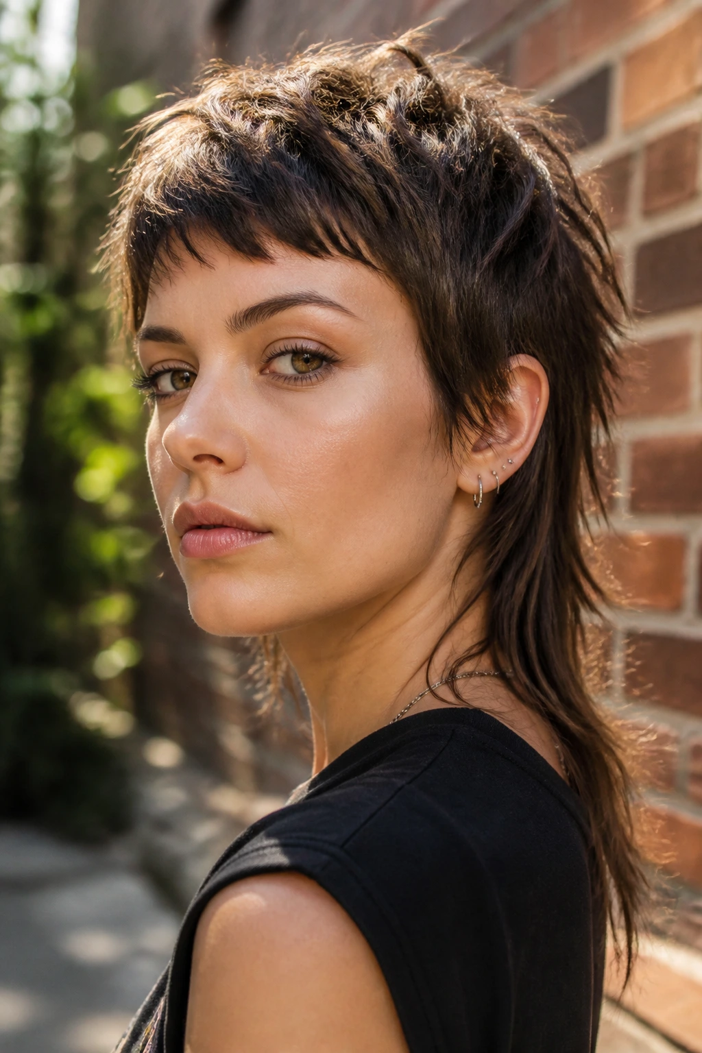 Close-up portrait of a real woman with a mullet pixie against a sunlit urban backdrop.