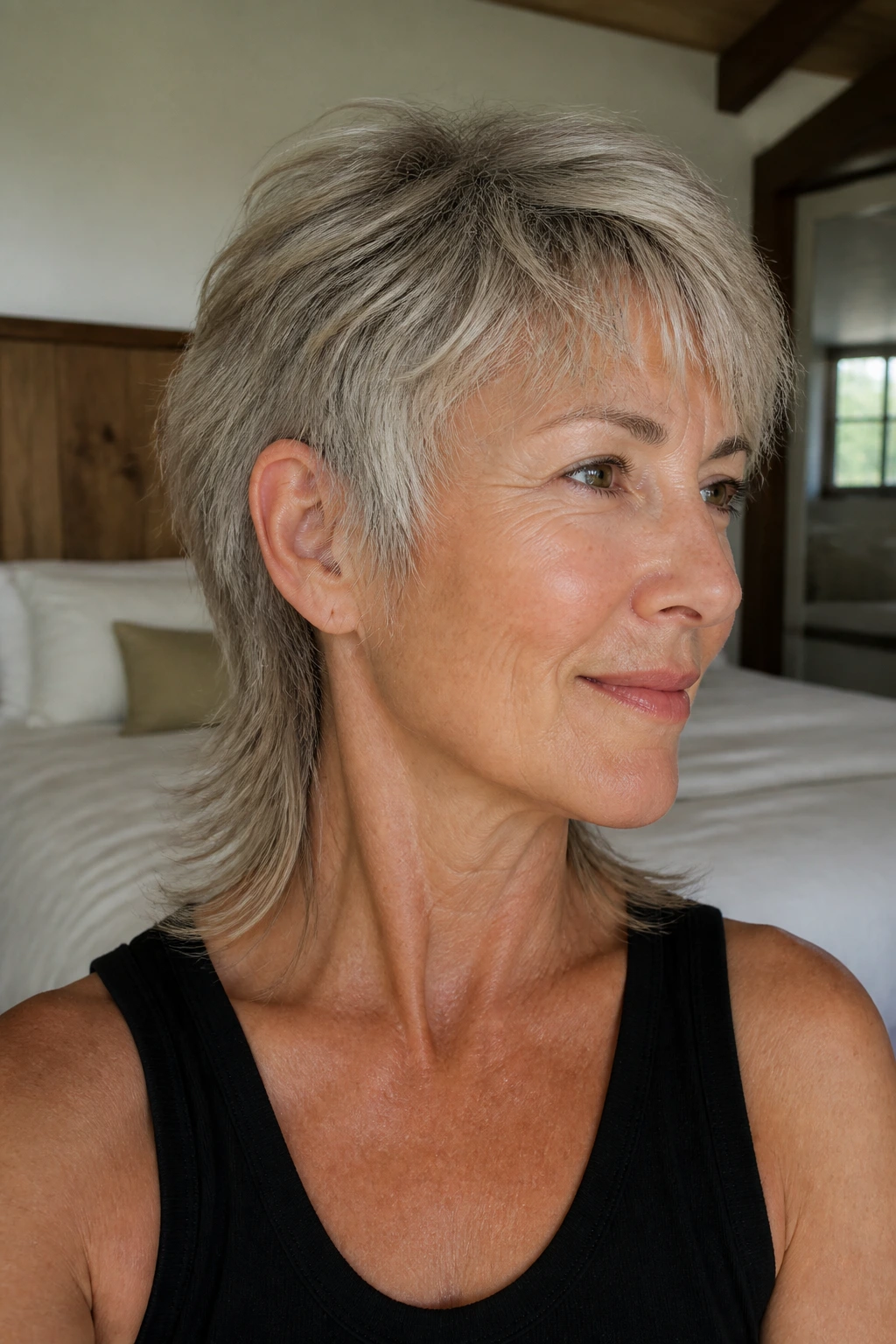 Close-up portrait of a real woman with a low-maintenance grow-out mullet, soft crown, longer nape, natural light.