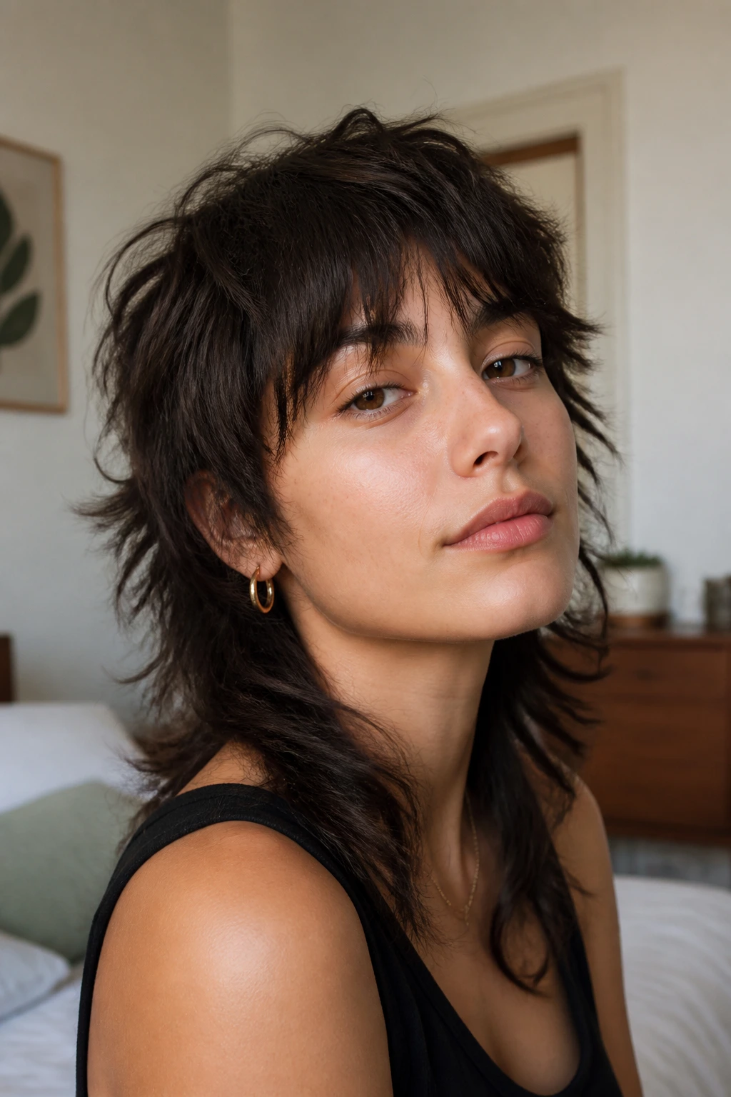 Portrait of a mullet-wearing woman in soft daylight showing maintenance between cuts