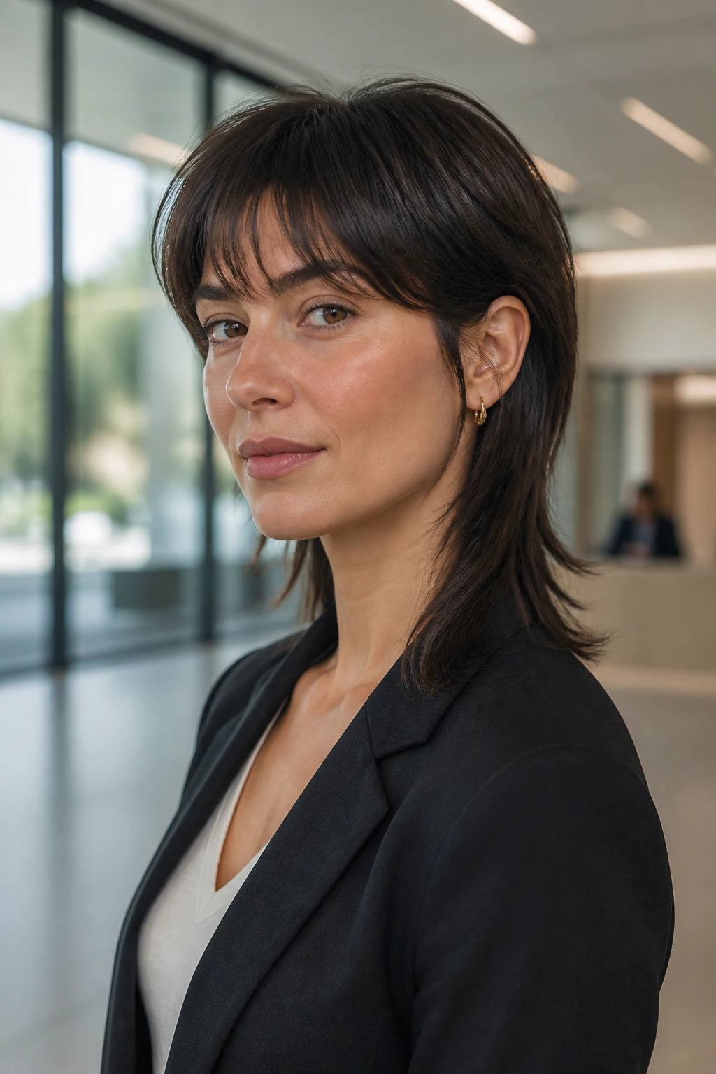 Close-up portrait of a real woman with a mullet showing a soft corporate variant in an office setting