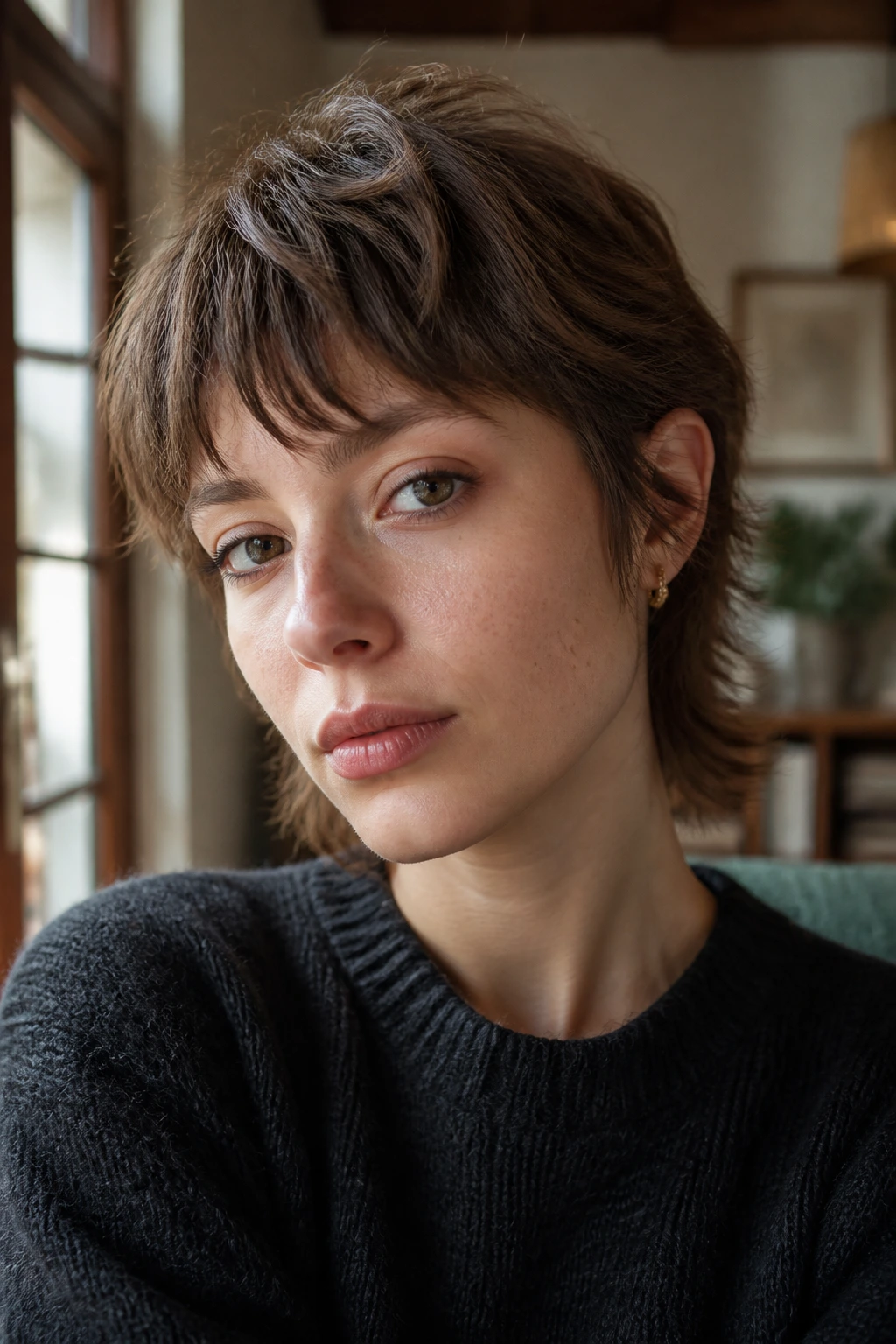 Close-up portrait of a person with a low-key everyday mullet featuring light crown lift.