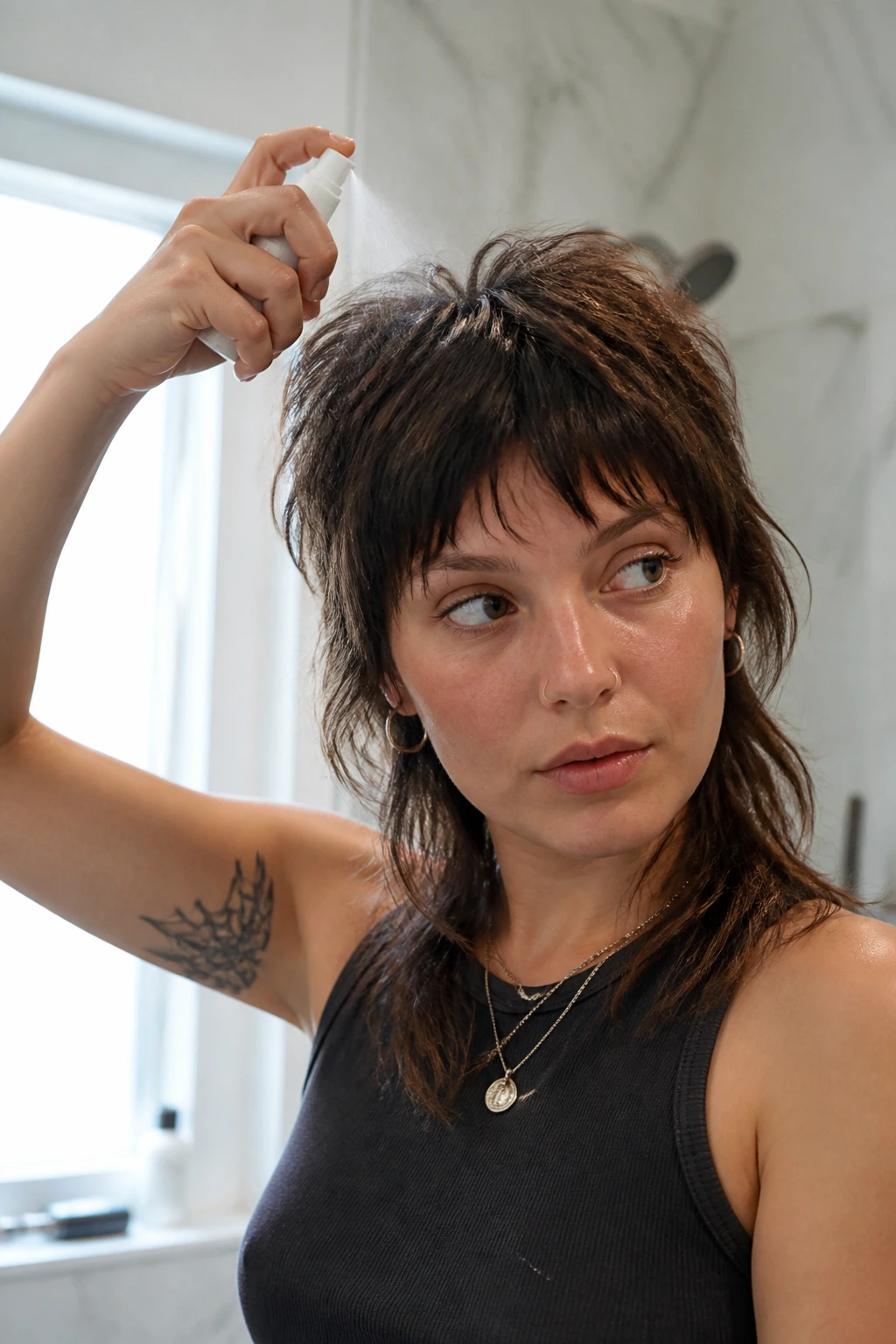 Portrait of a real woman applying root spray at the crown to maintain mullet shape