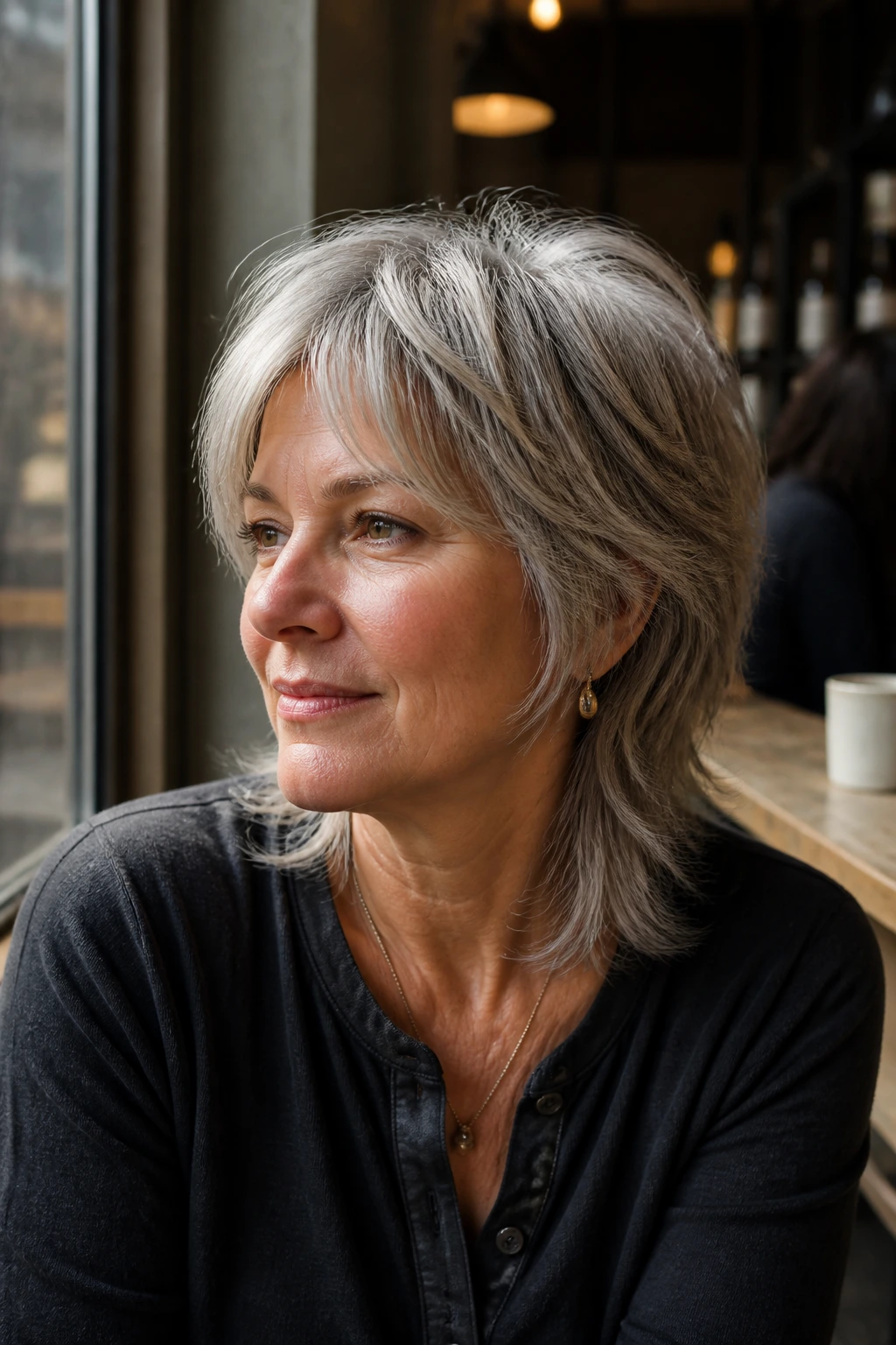 Close-up portrait of a real woman with a rounded face-framing mullet in cafe window light