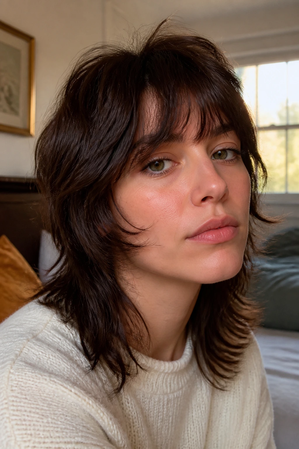 Portrait of a real woman with a feminine mullet shag featuring airy fringe and lifted crown in a cozy bedroom