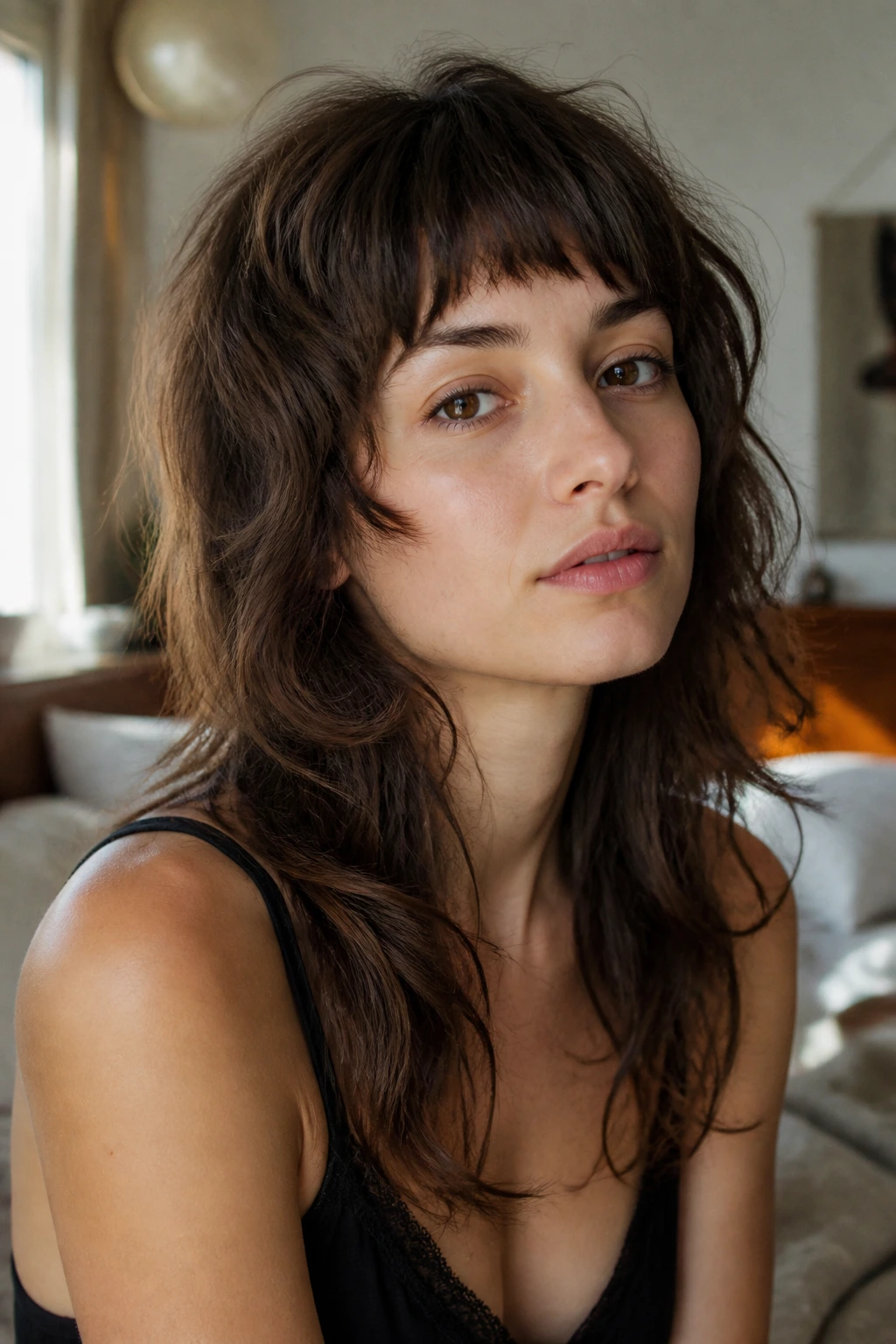 Close-up portrait of a real woman with a soft mullet-inspired long shag and short fringe in warm window light