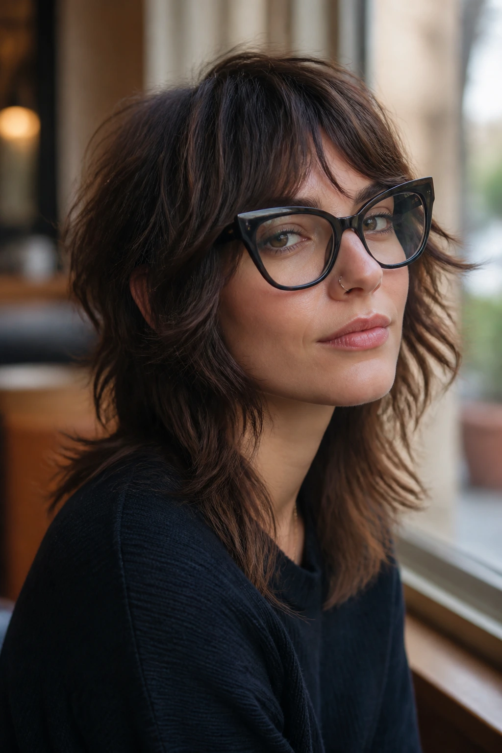 Close-up of woman with soft mullet shag and edgy oversized frames in warm cafe light.