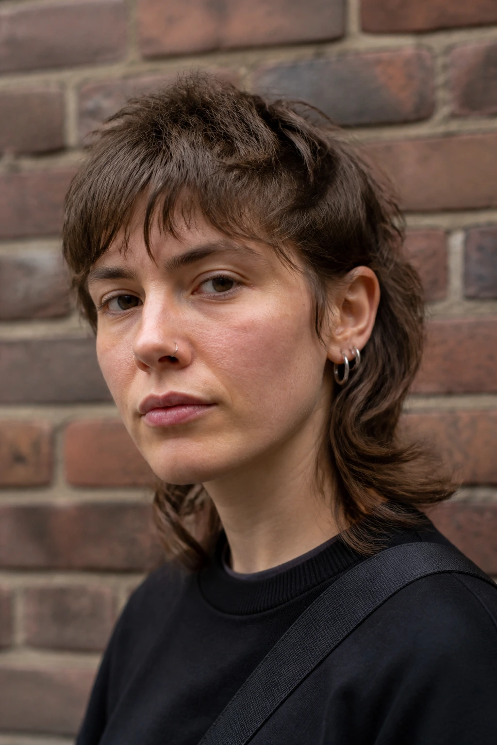 Portrait of a person with a grown-out mullet shag in urban daylight