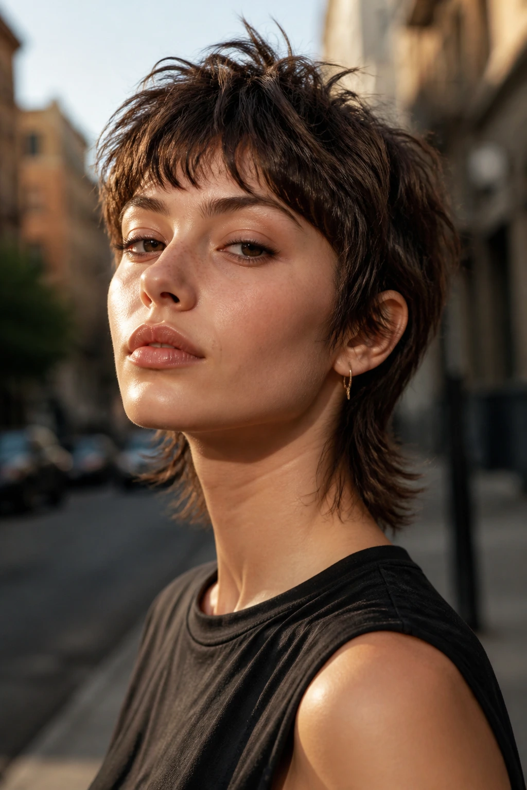 Close-up portrait of a real person with a messy cropped mullet shag on an urban street