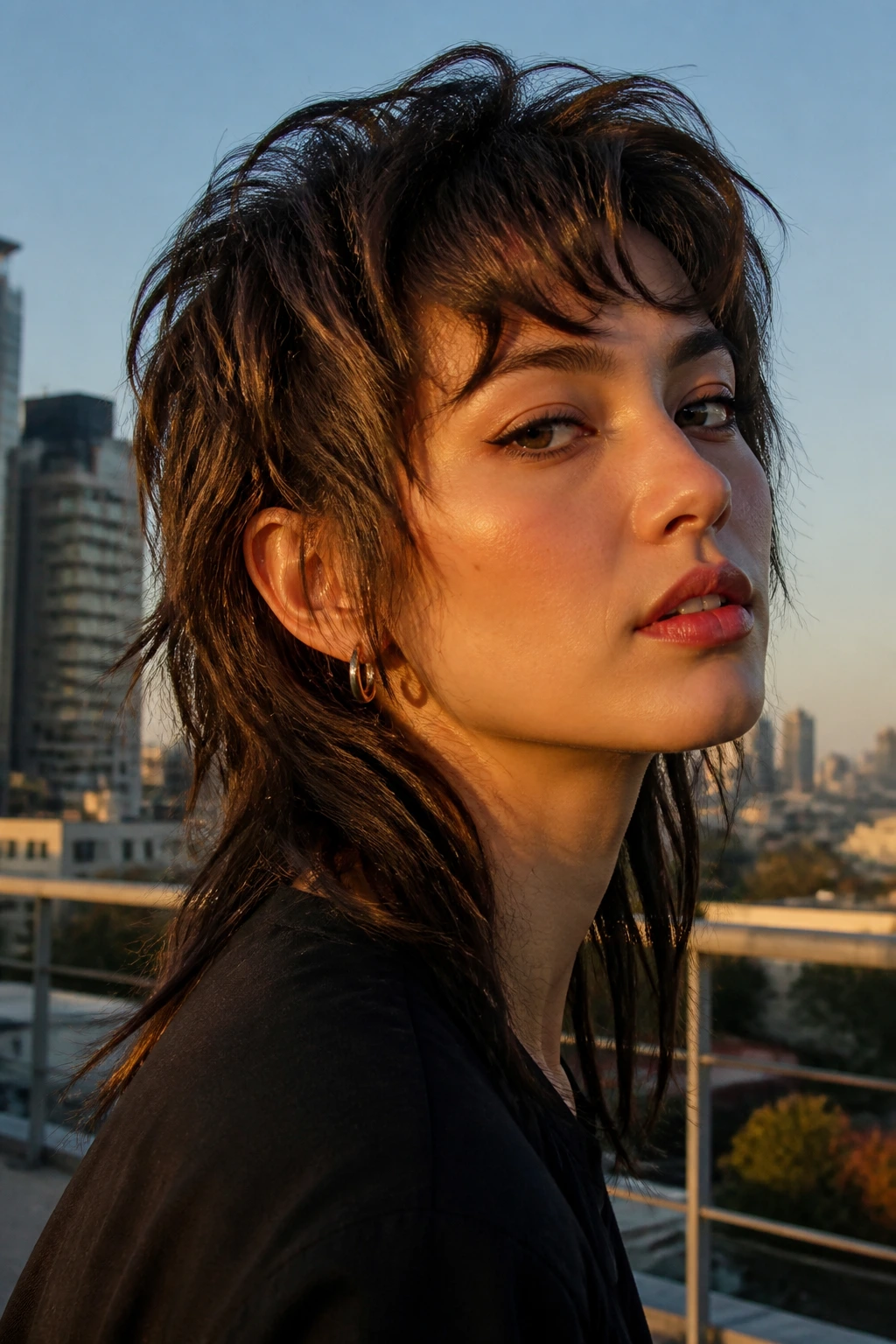 Close-up portrait of a real woman with a mullet-inspired shag