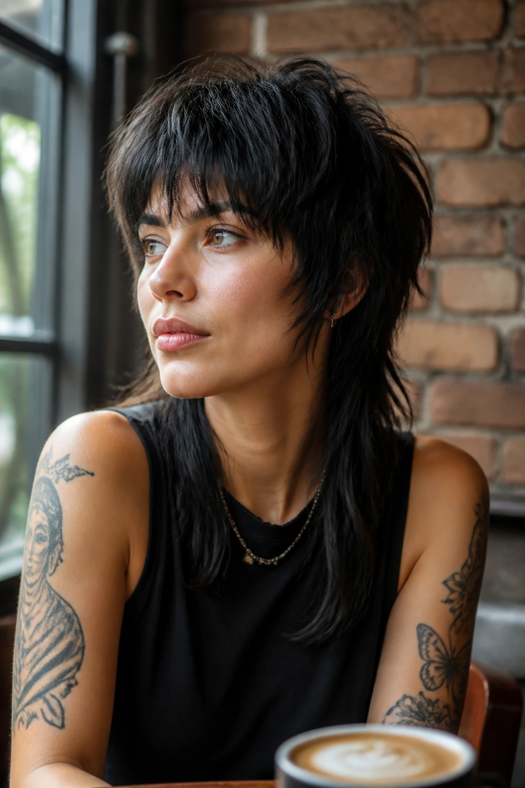Close-up of a real woman with mullet-inspired shag in an urban cafe setting.