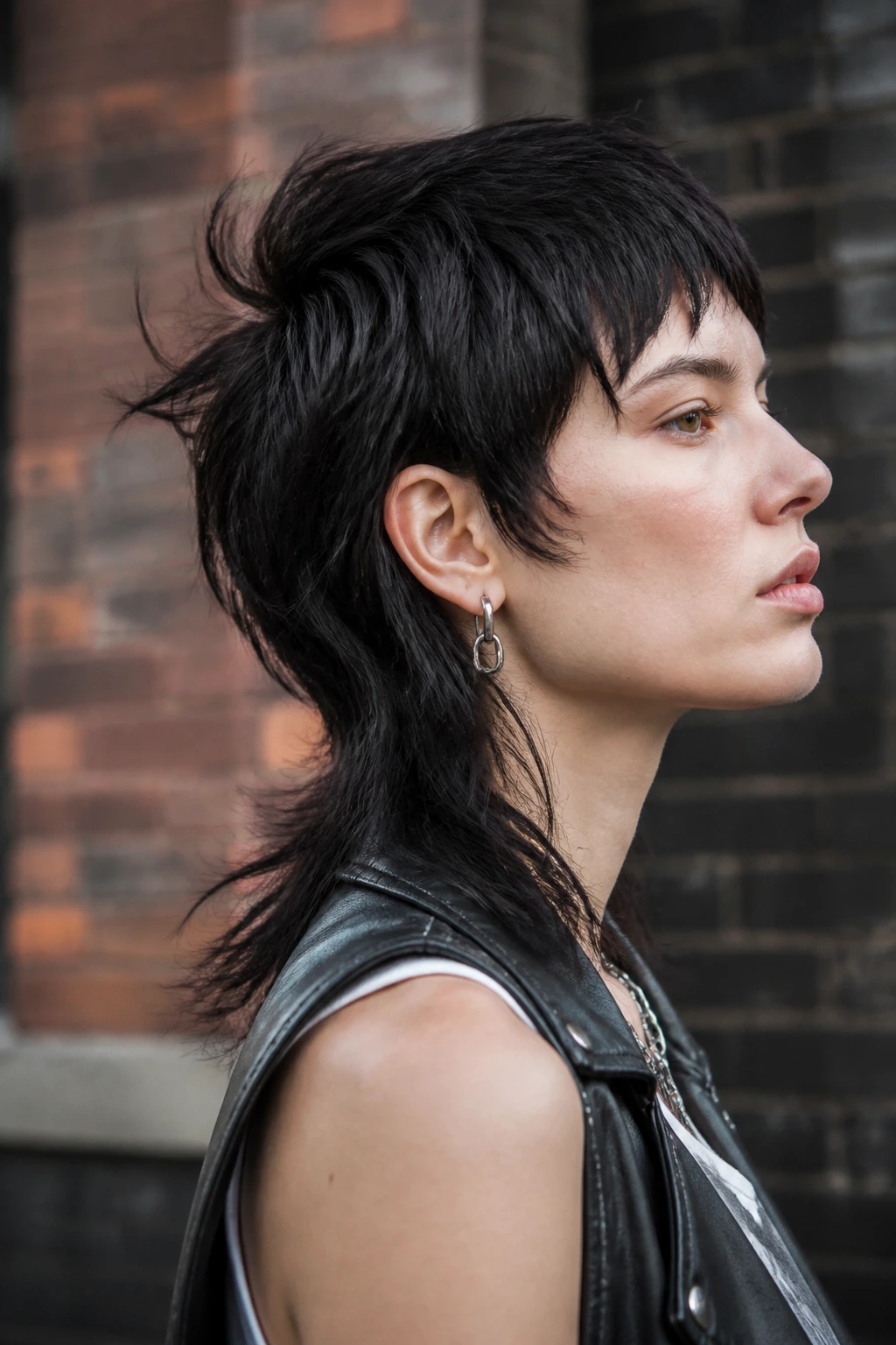 Profile portrait of a real person with mullet-shag featuring a tail at the nape.