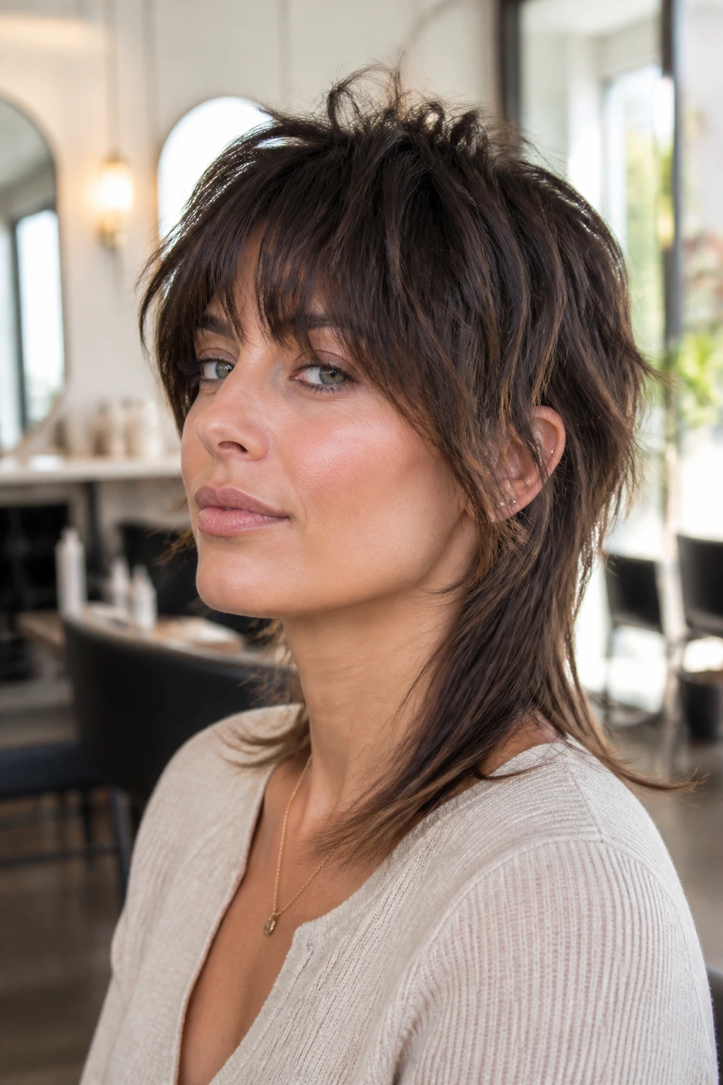 Close-up portrait of a real woman with feminine mullet shag showing airy front fringe and lifted crown