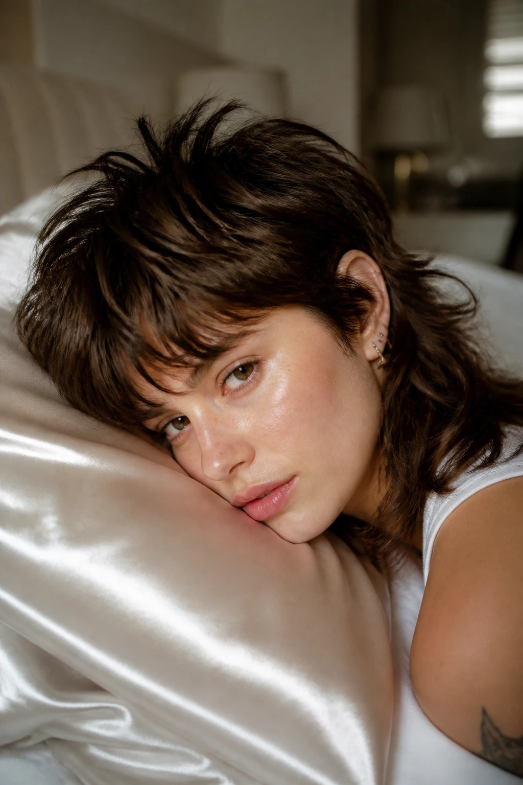 Real woman with shaggy mullet showing crown lift while resting on satin pillow in a softly lit bedroom.