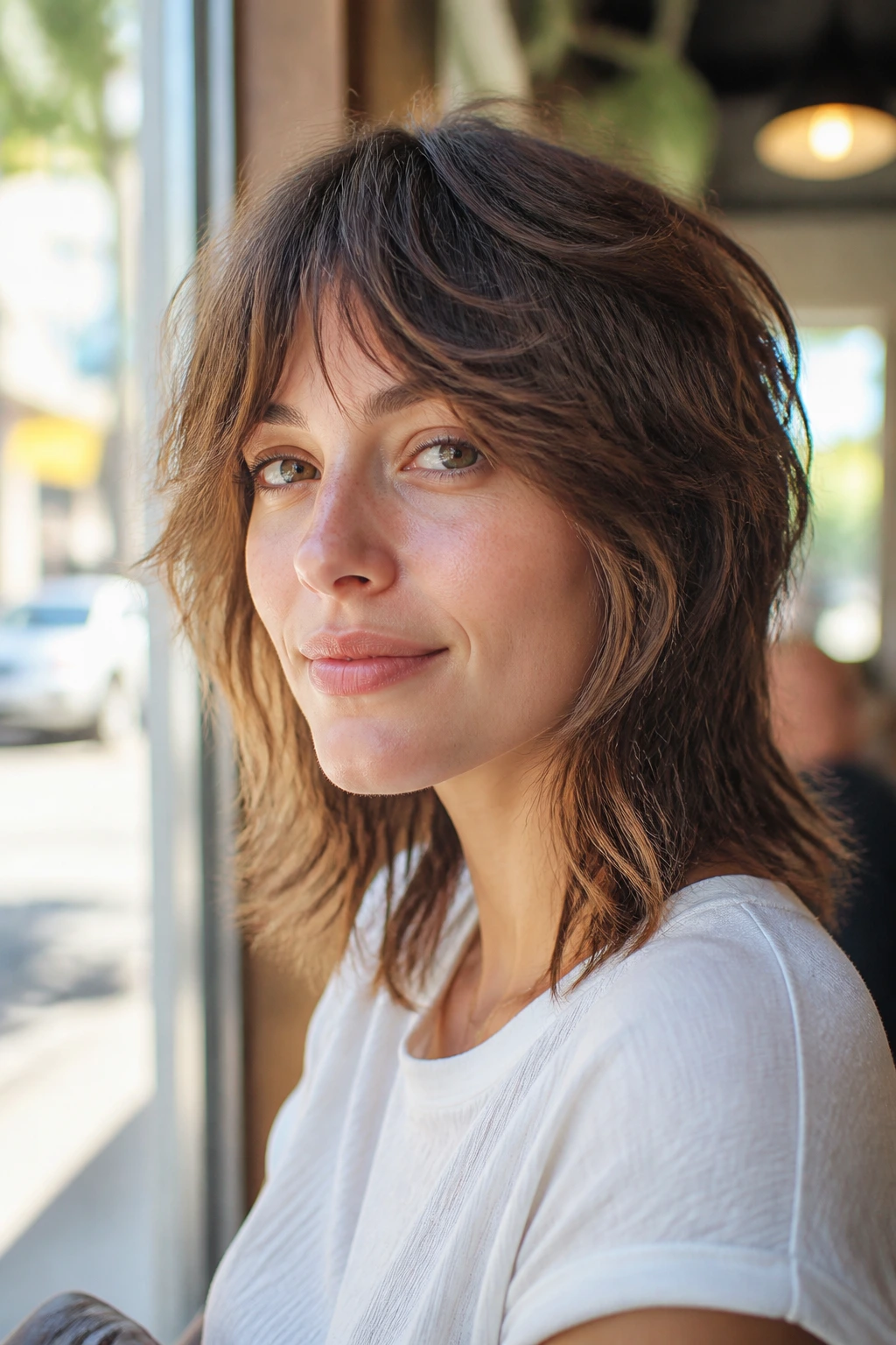 Close-up portrait of a real woman with shoulder-skimming shag mullet