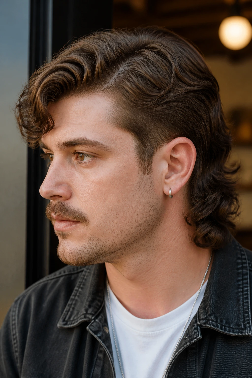 Close-up portrait of real person with side-part mullet in urban cafe doorway