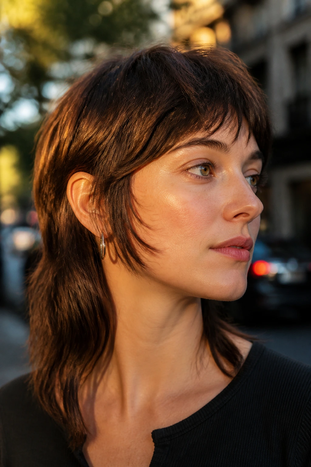 Close-up portrait of a real woman with long sideburns in a shaggy mullet