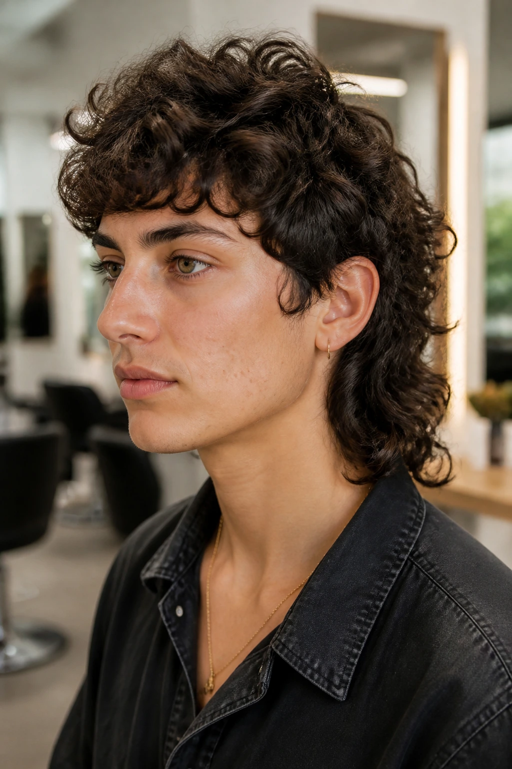 Portrait of a real person with curly mullet highlighting crown lift and softened sides