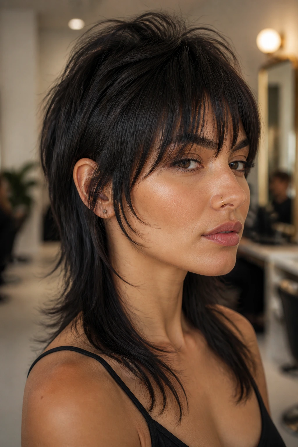 Close-up portrait of a real woman with a mullet on straight hair showing clear shape and crown lift in a warm salon