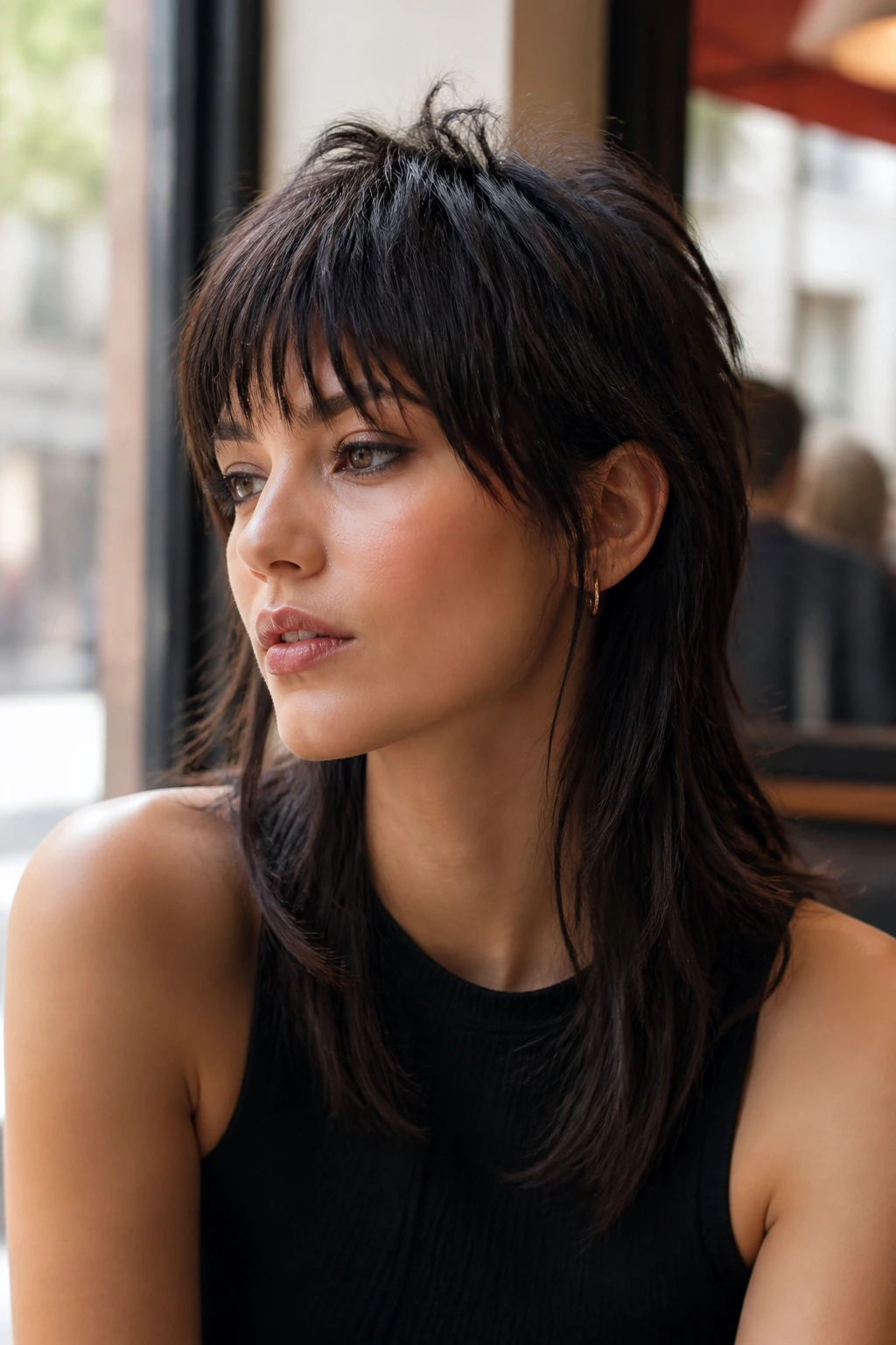 Portrait of a real woman with mullet showing sharp silhouette and weight distribution on straight hair