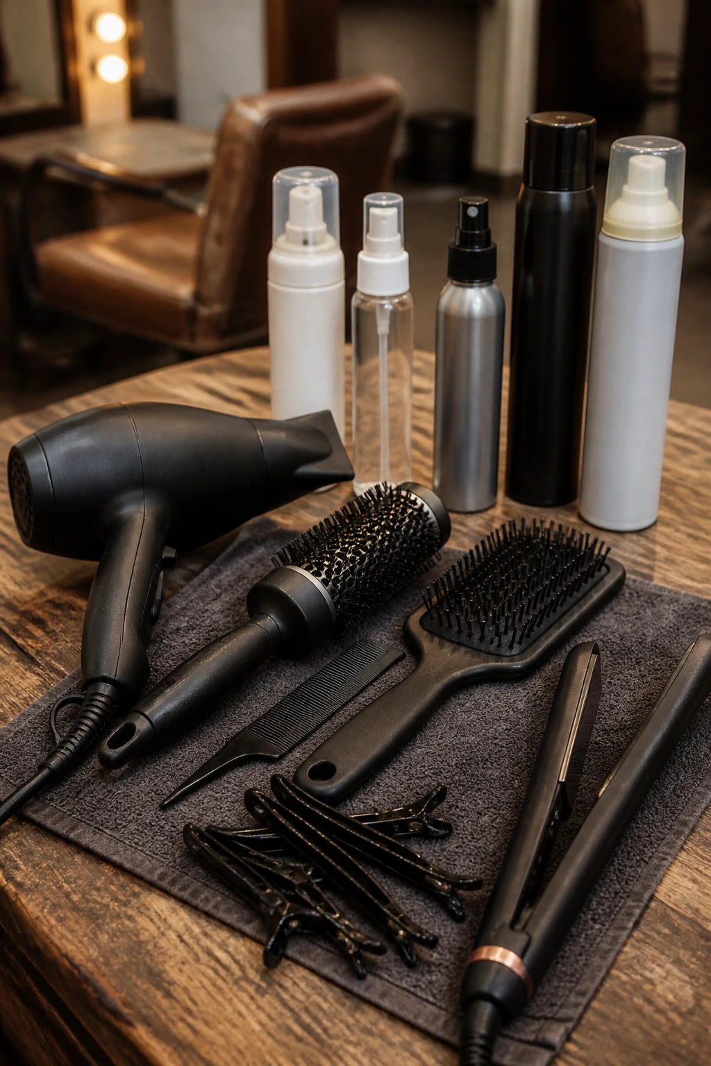 Close-up of essential styling tools arranged on a salon station for mullet styling