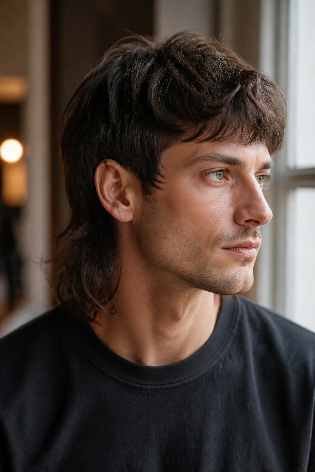 Person with a neatly styled medium-length mullet in a cozy space