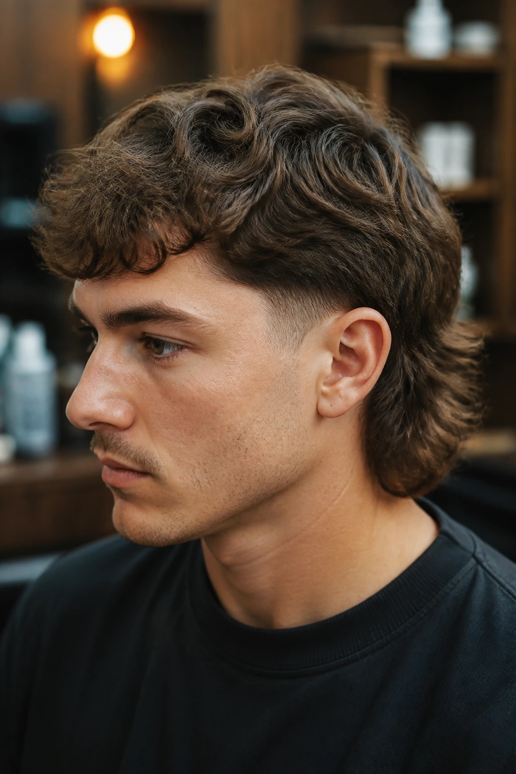 Close-up portrait of real person with temple-taper mullet in warm interior