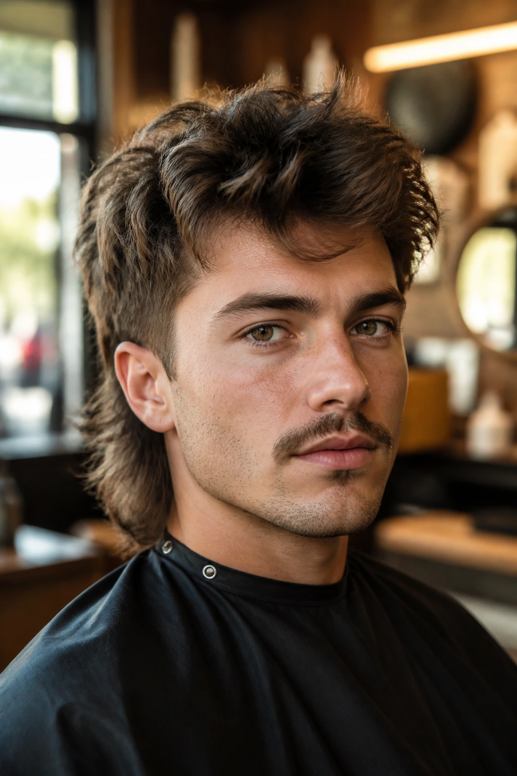 Portrait of a real person with a mullet in a sunlit salon
