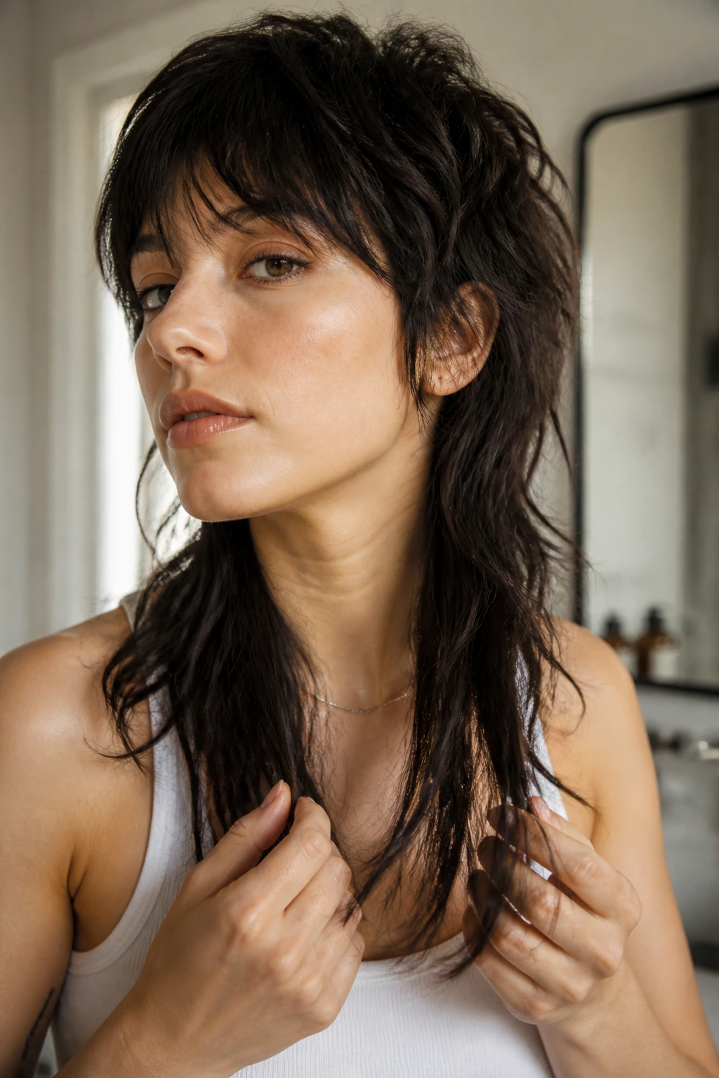 Real woman with shaggy mullet demonstrating texture-preserving styling using scrunching.