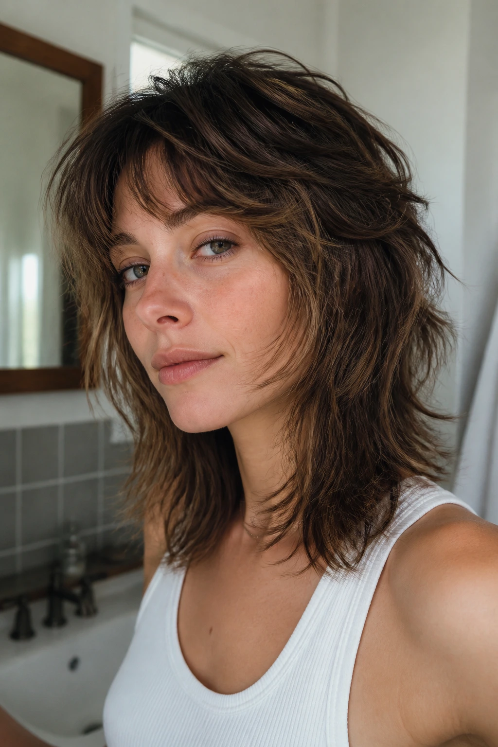 Close-up portrait of a real person with thick air-dry mullet