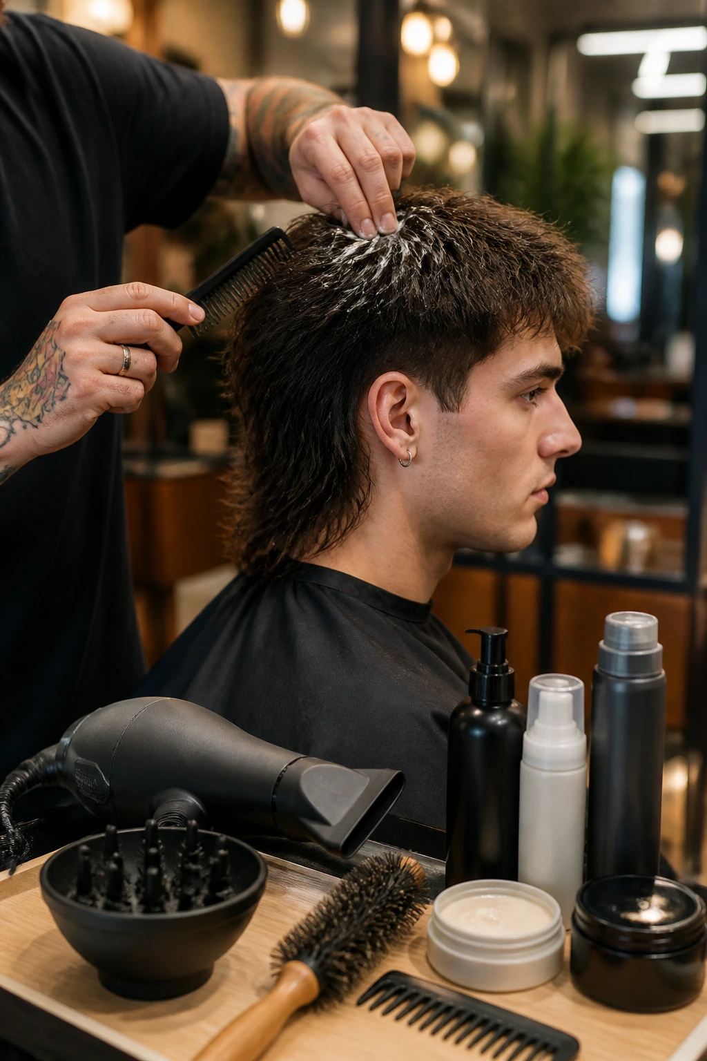 Hands applying product with a comb on a client’s mullet at a salon