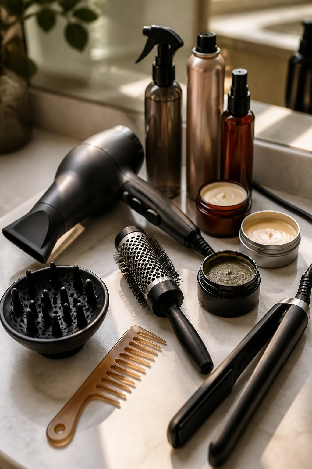 Close-up still life of a collection of hair styling tools and products on a bathroom counter