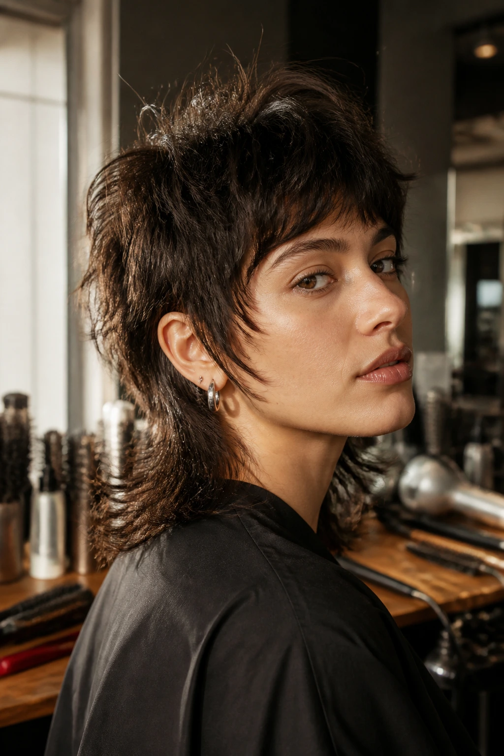Portrait of real woman with shaggy mullet with styling tools in the background.