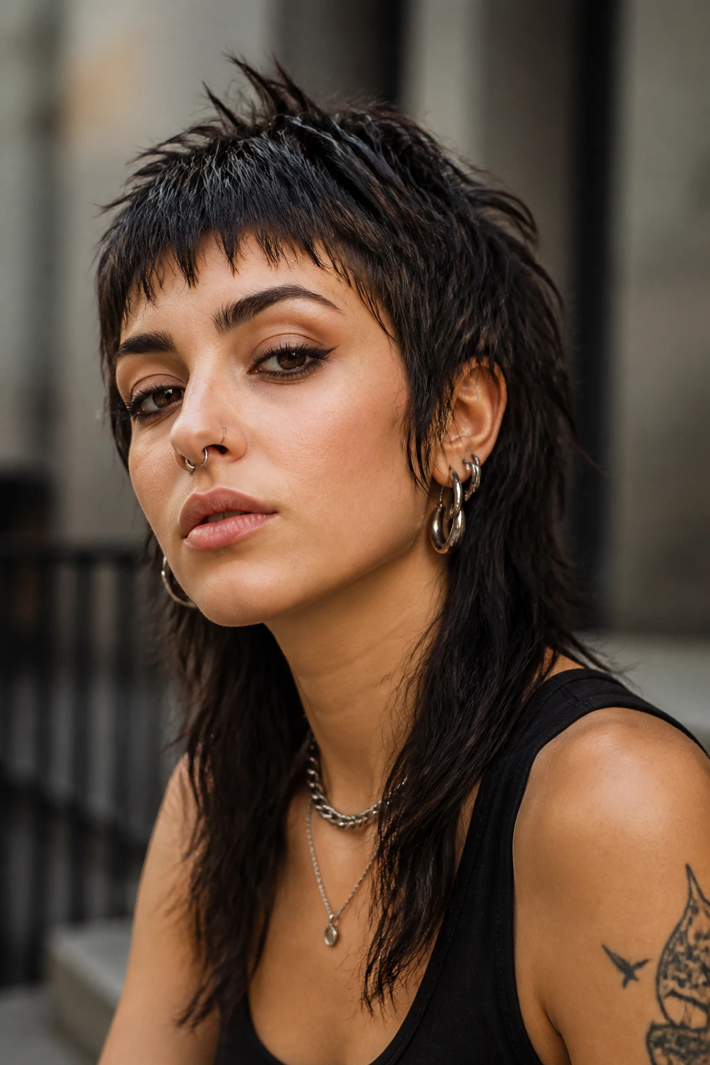 Real woman with punk-inspired shaggy mullet variation.